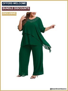 Plus Size Mother of Bride Pant Suit 2 Piece Chiffon Ruffle High Low Hem Wedding